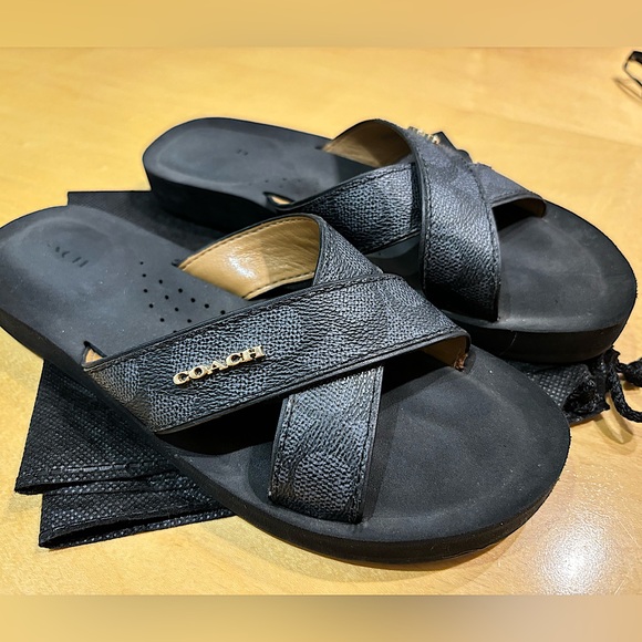 AUTHENTIC COACH Janine Leather Upper, Foam Logo Monogrammed Slides Sandals - Picture 1 of 11